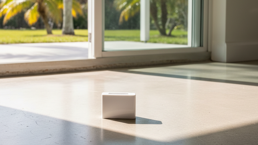Radon test detector on a Florida slab foundation floor