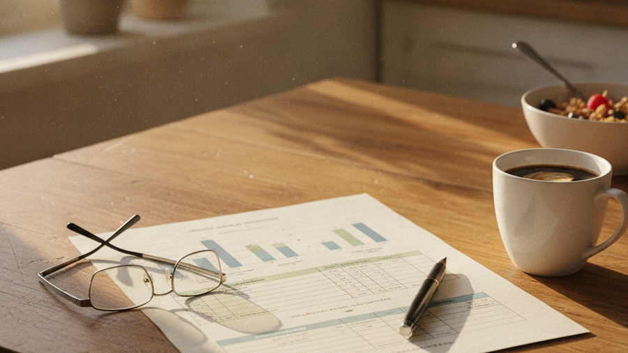 A printed indoor air quality report on a kitchen table