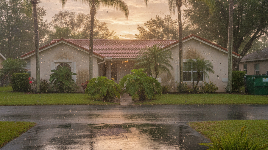 Florida stucco home after an afternoon rain — the humidity that feeds mold